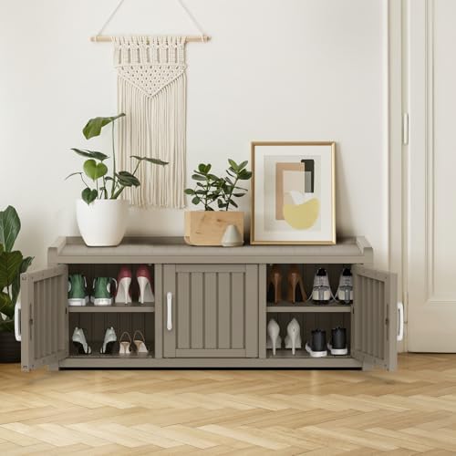ROJIK Shoe Cabinet Waterproof UV-Resistant,Storage Bench Indoor Outdoor with Adjustable Shelves,for Entryway Bedroom,Hallway,Living Room(3 Door,Grey)