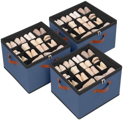3 Pack Foldable Shoe Storage Bin Clear Lid Organizer for Entryway,Navy Blue