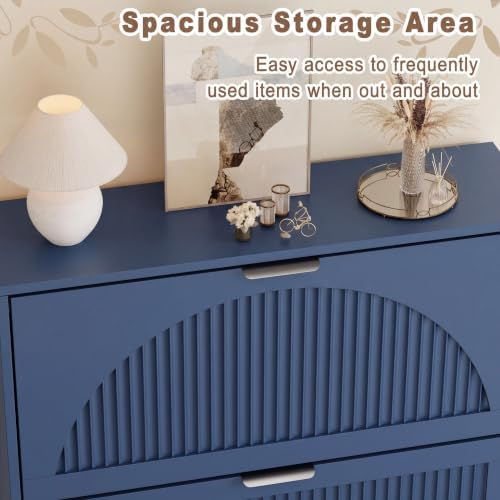 Shoe Storage Cabinet with 4 Flip Drawers, Narrow Wood Shoe Organizer Cabinet with Fluted Panel, Slim Shoe Rack for Entryway, Freestanding Shoe Cabinet for Living Room, Hallway, Blue