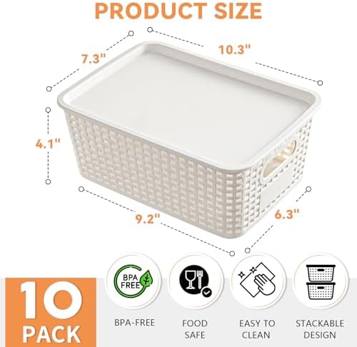 10 Pack Small Plastic Storage Bins with Lids, Stackable Plastic Storage Baskets for Organizing with Handles, Organizer Bins with Labels for Room, Craft, Containers for Pantry Organizers and Storage