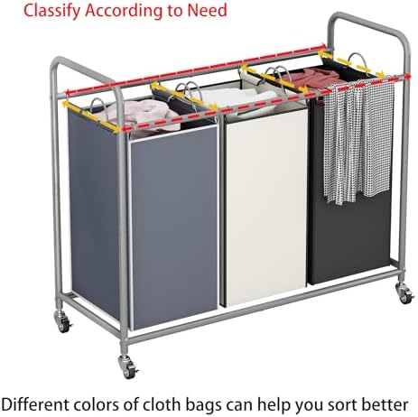 LINZINAR 3 Bags Laundry Hamper Assorted Laundry Basket 135L Laundry Sorter | Laundry Room Organization with Heavy Duty Rolling Lockable Wheels and Removable Bag, Bedroom Laundry Cart for Clothes Storage