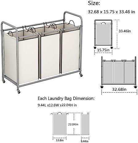 LINZINAR 3 Section Laundry Hamper, Beige Laundry Basket 135L Laundry Sorter | Laundry Room Organization with Heavy Duty Rolling Lockable Wheels and Removable Bag, Bedroom Laundry Cart for Clothes Storage