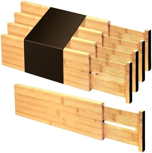 Utoplike Bamboo Drawer Dividers Large, 4" High Kitchen Drawers Organizer | Adjustable, Spring Loaded, Works in Bathroom, Bedroom, Dresser, Office, 4pcs for Clothing, Fit for 18.6"-20.6" Inner Drawer