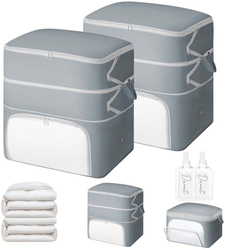 Comforter Storage Bag - 130L Blanket Storage Bags Front-opening Ultra Space Saving Self Compression Organizer, Washable Compression Bags for Storage Comforter Blanket, 2 Pack, Grey