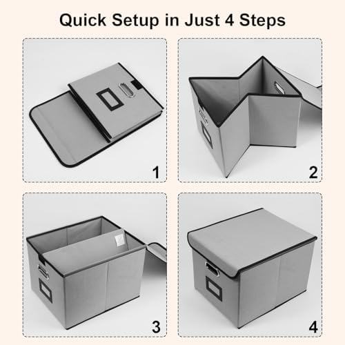 File Storage Box with Lid, 15.55x12.87x10.43 Inches, Foldable Organizer with Handles & Label Slot, for File Storage, Home, Office, and Closet Organization(4 Packs, Grey)