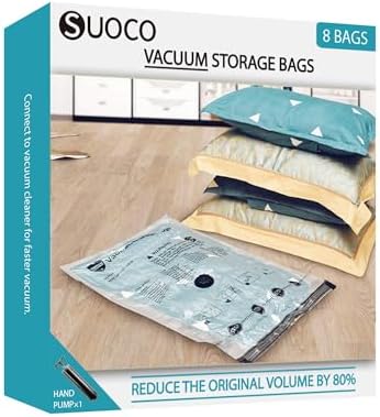 Vacuum Storage Bags, Compression Packing Space Saver Seal Bags for Clothing Bedding Comforters Blankets Pillows, 8 Combo