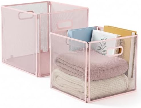 Funnymoom 2 Pcs Pink Foldable Metal Wire Basket with Handles 13 x 13 Inch