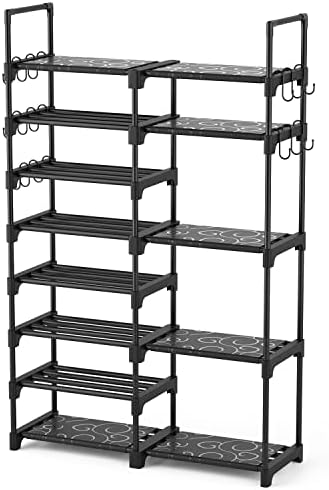 ROJASOP Shoe Rack Organizer, 8-Tier Metal Shoe Rack for Closet Entryway Garage, 26-32 Pairs Tall Shoe Boot Storage Shelf with 15 Hooks, Stackable Large Shoe Stand