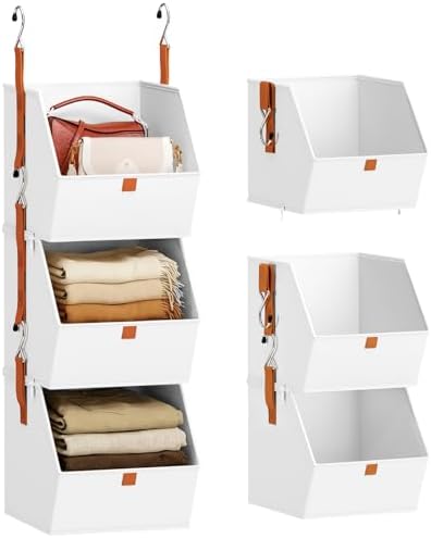 Homsorout Collapsible Hanging Closet Organizer - 3 Tier Closet Shelves Storage System with Hooks, Fabric Hanging Storage Bins for Clothes, Foldable Storage Basket for Laundry, Bedroom, Rv, White