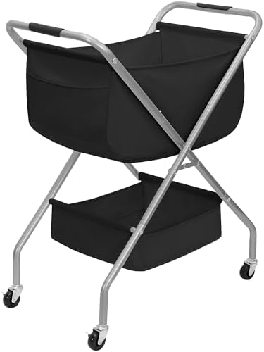 STORAGE MANIAC Collapsible Laundry Cart with Wheels 31.5"H Rolling Laundry Hamper Clothes Basket with Wheels, Canvas Liner Sturdy Steel Frame Folding for Small Narrow Space Easy Storage, Black