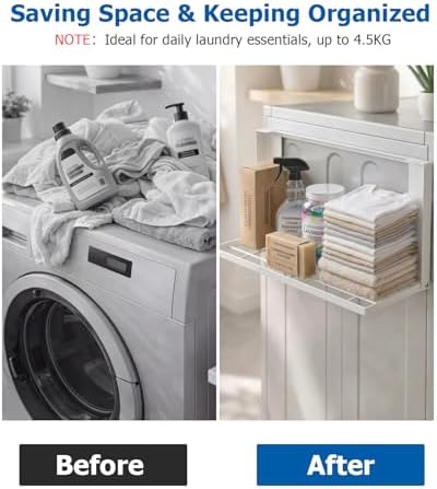 Magnetic Laundry Shelf, 24-Inch Adjustable Washer Storage Rack, White | No-drill installation attaches in seconds without tools or wall damage, ideal for renters, apartments, dorms and RVs