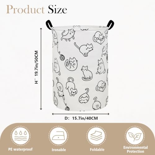 Round Fabric Collapsible Storage Basket with Handles, Black cat