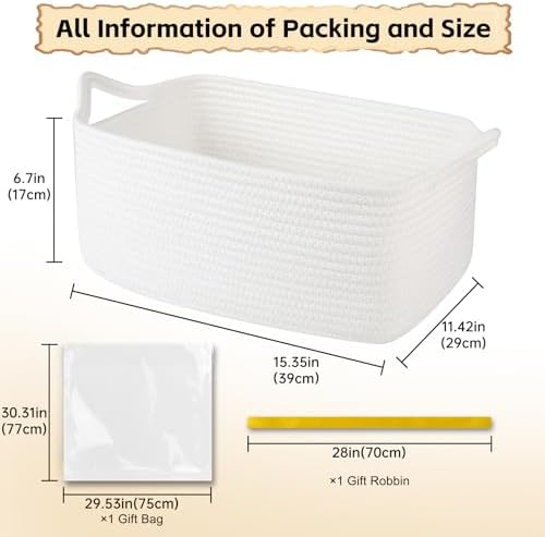 OIAHOMY 19L Woven Basket, Gift Basket Empty with Gift Bags and Ribbons, Rope Baskets for Baby Showers, Storage Baskets with Handles for Nursery, Pet Toy Organizer - White