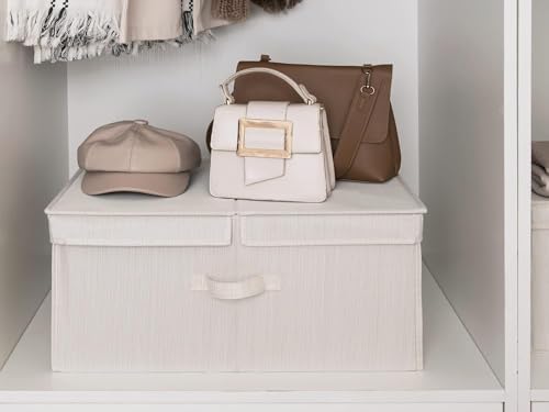 StorageWorks Extra Large Storage Bins with Lids, 55L Decorative Storage Bins with Double-Open Lid and Divider Board, Fabric Bins with Handles, Mixing of Beige, White & Ivory, 2-Pack