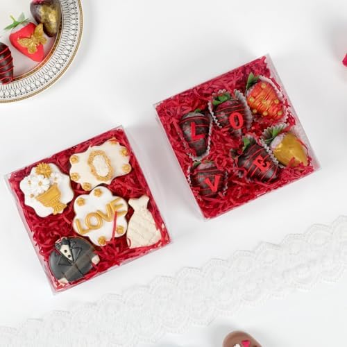 RomanticBaking 50pcs 6x6x2Inches Plastic Clear Babkery Box for Chocolate Truffle,Cookies, Chocolate Strawberries, Cake, Cakesickle Macaron & Treat Box for Christmas Valentine's