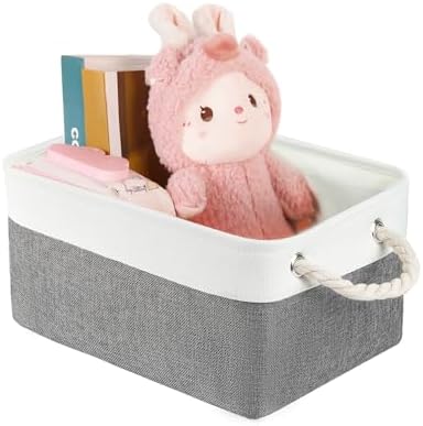 Storage Bins with Sturdy Cotton Handles(1 Pack), Fabric Storage Baskets for Organizing use for Office & Home, Book, Clothes, Toys, Closet Boxes (Medium, Grey-White, 14.2x10.2x7.1 inches)