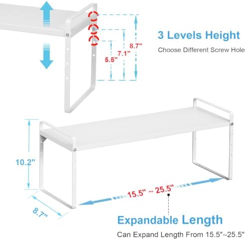 15.5 to 25.5 Inch Expandable Kitchen Cabinet Organizer Shelf, 30 LBS Heavy Duty Stackable Kitchen Counter Storage Shelves Organizers, 2 Pack Adjustable Small Storage Shelf Rack For Cabinet Cupboard