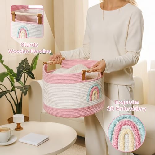 Large Blanket Basket Living Room 35L Baby Laundry Basket Toy Bin for Babies Toddlers Storage Baskets for Organizing Toys, Woven Cotton Rope Laundry Hamper for Nursery Storage Girls Gift Baskets Empty