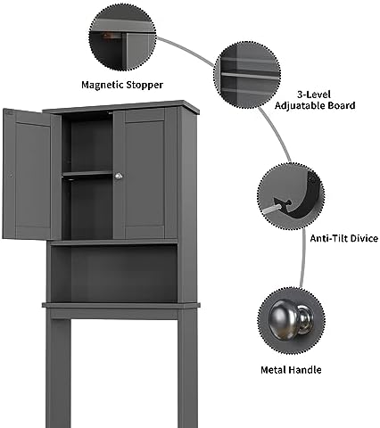 Shintenchi Over the Toilet Storage Cabinet, Bathroom Shelf Organizer with Anti-Tip Device Small Freestanding Space Saver with Adjustable Shelf, Gray