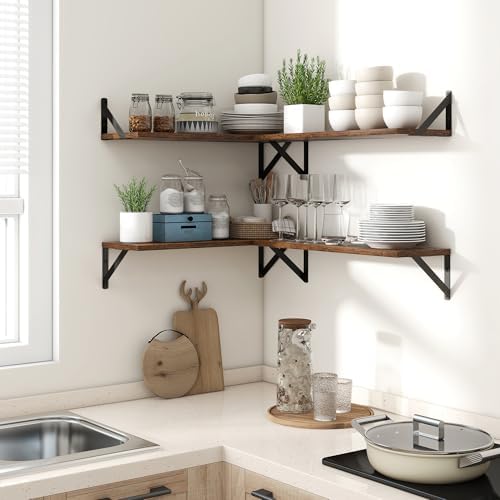 Axeman 24 Inch Floating Shelves, 8 Inch Deep Brown Wall Shelves Set of 2
