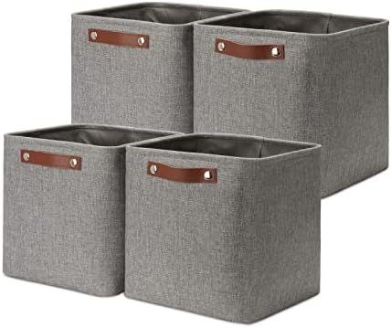 DULLEMELO 11 inch Cube Stroage Bins 4 Pack Small Grey Square Storage Baskets Cube Organizer, Linen Closet Organizers and Storage Baskets for Shelves Bedroom Storage