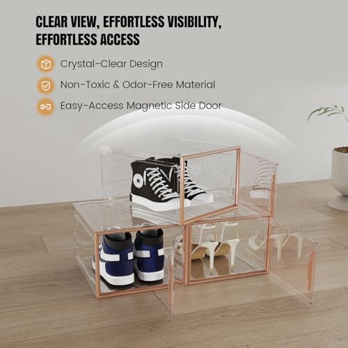 6 Pack Shoe Storage Box Organizer, Clear Thicken Stackable Plastic Shoe Boxes with Magnetic Door, Sturdy Shoe Containers for Sneakers Boots, Easy to Assemble, Fit up to US Size 12(13.2"×10.6"×7.5")
