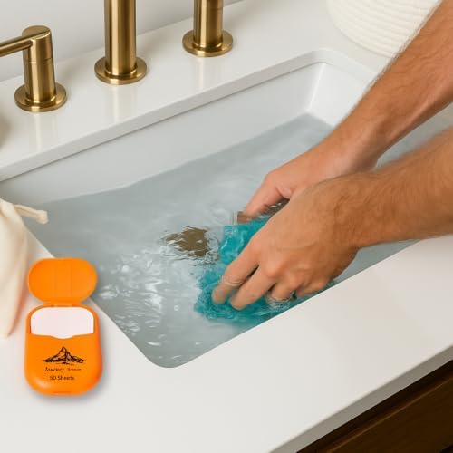 Travel Laundry Detergent Sheets with Universal Sink Stopper – 50-Count Travel Detergent Sheets and Flat Silicone Sink Stopper for Sink Washing in Hotels, Cruises & Camping