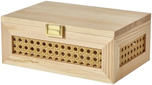 Decorative Rattan Storage Boxes Baskets with Lid Wooden Frame