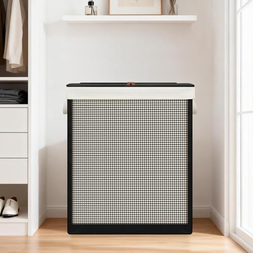 STO STO 2 Section Laundry Hamper with Lid, 140L Steel-Frame Double Laundry Hamper with Removable Washable Liner, Breathable Large Laundry Basket for Bedroom, Bathroom, Laundry Room, Dorm, Closet