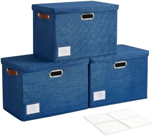 17" Large Fabric Storage Box with Lids, 3-Pack, Navy