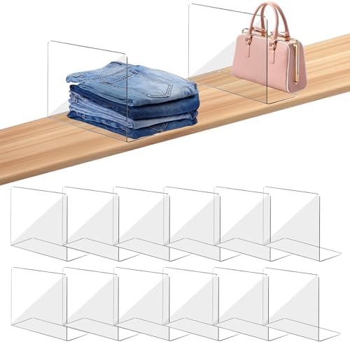 OKPOW Shelf Dividers for Closet Organization – Keep Sweaters & Purses Upright, Clear Acrylic Separators for Most Wood Shelves & Pantry, Damage-Free, Sturdy & Tall (10" x 12", 8 Pack)