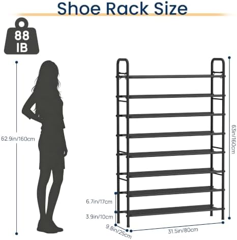 ENJOYBASICS Large Shoe Rack Garage Storage, 8 Tier Tall Metal Shelf, Black