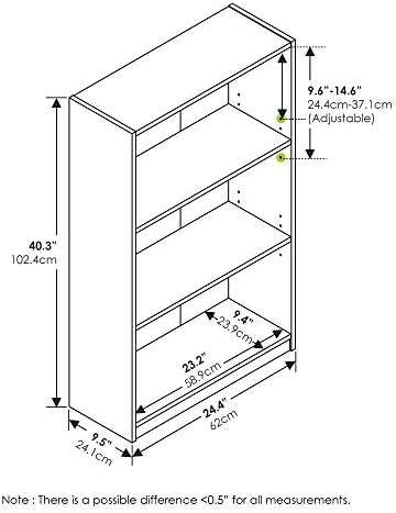 Furinno JAYA Book Shelf, 3-Tier Bookshelf, Bookcase with Adjustable Shelves, 9.5 x 24.5 x 40.3, for Organization and Storage, for Living Room, Bedroom, Home Office, Pink