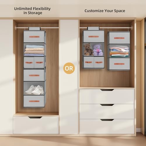 Hanging Closet Organizer 6-Shelf, Upgrade Closet Organizers and Storage with 5 Removable Drawers & 4 Side Pockets, Hanging Shelf Organizer for Bedroom or Garment Rack, 12.6'' x 12.6'' x 44.1'', Gray
