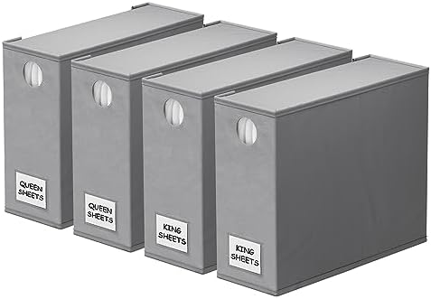 SpaceAid 4 Pack Bed Sheet Organizers and Storage, Foldable Organizer for Linen Closet, Sheets Set Folder Keeper with Window XL (Queen & King Size) Organizing Bedding Container, Gray 91ZDSN-SL01-G4