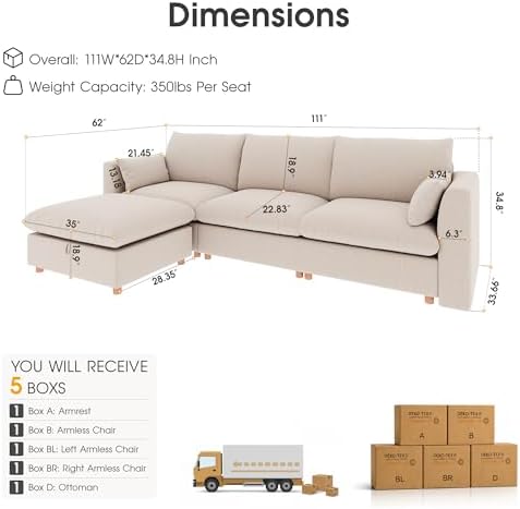 WorthFurni Oversized Modular Sectional Sofa,111" L Shape Sectional Cloud Couch with Storage Ottoman,Comfty 4 Seat Modular Sofa for Living Room,Sand Chenille