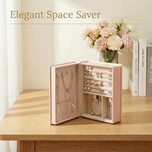 Travel Jewelry Organizer Book, PU Leather Jewelry Storage Box for Dresser Drawers, Jewelry Gift Case Holder Tray for Girls Women(White)