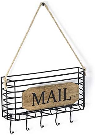 SRIWATANA Mail Organizer Wall Mount, 5 Key Hooks, Small, Carbonized Black