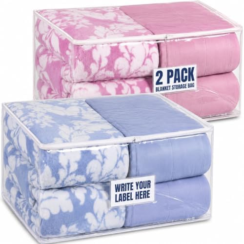 Masirs Clear Blanket Storage Bag (2-Pack) - Vinyl Clothing Organizers with Zipper & Label Pocket - Protects from Dust, Moisture & Dirt - Ideal for Underbed Storage Sheets, Comforters & Bedding