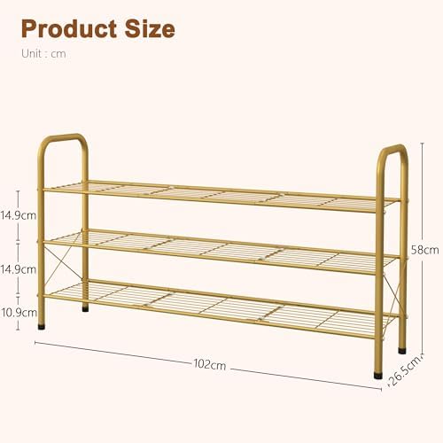 Hoctieon 3 Tier Mesh Style Shoe Rack, Entryway Shoe Shelf, Shoe Storage Organizer, Shoe Rack for Closet, Space Save for Bathroom, Garage, Hallway, Bedroom, Living Room, Gold
