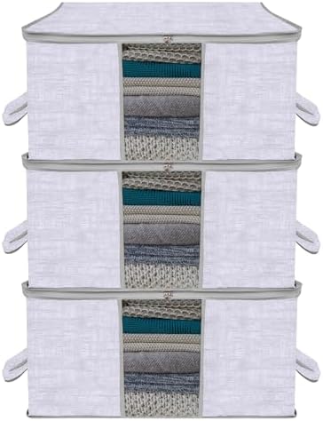 Kuber Industries Pack of 3 Non Woven Underbed Storage Organizer | Storage Bags For Clothes, Blanket | Clothes Storage Bag For with Handle & Visible Window | Jute Printed - Grey