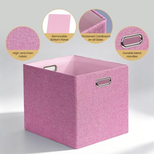Posprica 3X Thicker Collapsible Storage Bins,13×15x13 Foldable Storage Cube Boxes Fabric Drawer for Closet Shelf Cabinet Bookcase, set of 4 (Pink)