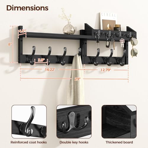 Evermagin 29" Coat Rack Wall Mount with Shelf & 11 Hooks, Entryway, Black