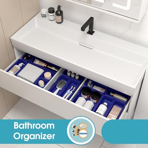 StoreHappily 25 PCS Drawer Organizer Set, 4 Size Makeup Drawer Divider Organizer With Non-Slip Pads, Interlocking Plastic Storage Bins for Office,Jewelry Vanity,Gadgets, Bathroom,Kitchen, Navy