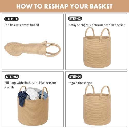 ShellKingdom Laundry Basket, Large Natural Rope Woven Storage Basket with Handles for Home, Living Room, Laundry, Storage Organizer for Blankets, Clothes, Plant, Toys, 19.7 x 14.96 INCH (Jute)