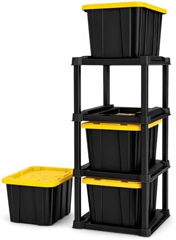 Sterilite 4-Tier Tote Rack with 4-Pack 27 Gallon Industrial Storage Totes