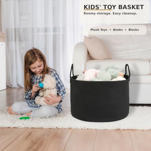 XUANGUO 66L Large Blanket Basket, Round Cotton Rope Basket, Black