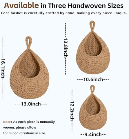 Hanging Storage Baskets Boho Decor Set of 3, Handmade Cotton Rope Wall-Mounted Fruit & Vegetable Baskets, Decorative Hanging Organizers for Kitchen, Entryway, Bathroom & Bedroom
