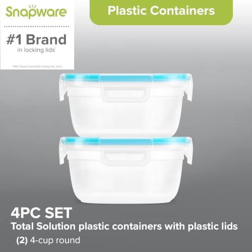 Snapware Plastic Total Solution 2-Pack (4 Cup) Food Storage Containers | Meal prep containers with plastic BPA-free lids with 4 locking tabs, microwave, dishwasher, & freezer safe