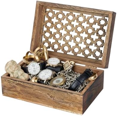 Mela Artisans Trellis Mango Wood Storage Box - Medium Burnt, 9x6 in | Handcrafted keepsake box featuring an easy opening lid to create storage for delicate jewelry or home décor accents.